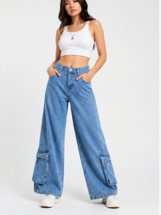 Forever 21 Denim - Forever 21 Wide Leg Cargo Jeans – Light Wash Baggy Y2K Streetwear